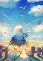 Rule 34 | 1girl, :d, animal, bad id, bad pixiv id, bird, blue eyes, blue hair, blue sky, closed eyes, cloud, cloudy sky, commentary request, day, fence, field, flower, flower field, highres, hill, long sleeves, looking back, manino (mofuritaionaka), open mouth, original, outdoors, oversized animal, pantyhose, parakeet, scenery, shoes, short hair, sitting, skirt, sky, smile, white pantyhose