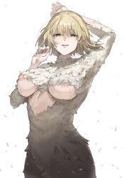 Rule 34 | 1girl, absurdres, blonde hair, breasts, dungeon meshi, falin touden, falin touden (chimera), feathers, highres, inverted nipples, looking at viewer, medium breasts, monster girl, open mouth, short hair, simple background, smile, solo, sweat, uuuron cha, white background, yellow eyes