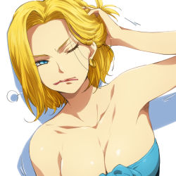 Rule 34 | 1girl, android 18, bare shoulders, blonde hair, blue eyes, breasts, cleavage, collarbone, dragon ball, dragonball z, earrings, hairu, hoop earrings, jewelry, mature female, mouth hold, one eye closed, short hair, solo, wink