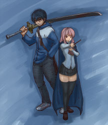 Rule 34 | 1boy, 1girl, blue hair, book, cape, height difference, hip focus, hiraga saito, hood, hoodie, long hair, louise francoise le blanc de la valliere, pink eyes, pink hair, school uniform, short hair, simple background, size difference, sword, taikoubou (ace), thighhighs, trigger discipline, wand, weapon, zero no tsukaima, zettai ryouiki