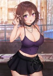Rule 34 | 1girl, :o, absurdres, air conditioner, black skirt, blush, breasts, brown hair, building, chain-link fence, cleavage, collarbone, commentary request, earrings, fence, guard rail, hair between eyes, hand in own hair, highres, jewelry, large breasts, looking at viewer, mito soosu, necklace, open mouth, original, outdoors, pleated skirt, purple eyes, purple tank top, skirt, solo, standing, tank top