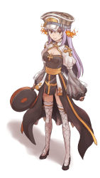 Rule 34 | 1girl, arch bishop (ragnarok online), black footwear, breasts, brown eyes, brown hat, cleavage, closed mouth, cross, english text, fire, frying pan, hat, high heels, holding, holding frying pan, light purple hair, puffy sleeves, purple hair, ragnarok online, see-through, simple background, sleeves past wrists, smile, solo, standing, susukinohukurou, turtleneck, white background, white legwear