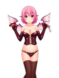 Rule 34 | 1girl, blush, bondage outfit, bow, breasts, brown gloves, cleavage, collar, dominatrix, enu naitsu, femdom, gloves, large breasts, latex, leash, medium breasts, mystia lorelei, pink eyes, pink hair, smile, solo, thighhighs, touhou, wings
