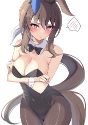 Rule 34 | 1girl, admire vega (umamusume), alternate costume, animal ears, arms under breasts, blush, bow, bowtie, breasts, cleavage, commentary request, crossed arms, embarrassed, horse ears, horse girl, horse tail, large breasts, leotard, long hair, looking at viewer, nanao (naoekaki25), nontraditional playboy bunny, playboy bunny, ponytail, purple eyes, ribbon, simple background, solo, tail, traditional bowtie, umamusume, white background