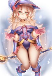 Rule 34 | 1girl, artist name, bare shoulders, blonde hair, blue footwear, blue leotard, blush stickers, boots, breasts, choker, closed mouth, collarbone, dark magician girl, duel monster, flying, green eyes, hair between eyes, hat, highleg, highleg leotard, highres, jewelry, large breasts, leotard, long hair, looking at viewer, necklace, off-shoulder leotard, pentacle, sitting, solo, staff, thighs, wand, wizard hat, yu-gi-oh!, yu-gi-oh! duel monsters, zasshu