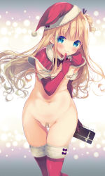 Rule 34 | 1girl, bandaid, bandaid on pussy, bandaids on nipples, black bow, blonde hair, blue eyes, bow, bowtie, capelet, cleft of venus, elbow gloves, finger to mouth, fur trim, gift, gloves, groin, hat, highres, hiiragi mayuki, hinako note, holding, holding gift, long hair, looking at viewer, maebari, march-bunny, merry christmas, navel, no bra, no panties, one side up, pasties, red gloves, red thighhighs, santa costume, santa hat, solo, thighhighs