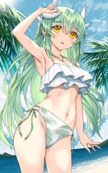 Rule 34 | 1girl, arm up, armpits, bikini, blush, breasts, dragon girl, dragon horns, fate/grand order, fate (series), green hair, highres, horns, jewelry, kiyohime (fate), large breasts, long hair, looking at viewer, morizono shiki, navel, necklace, outdoors, parted lips, smile, solo, swimsuit, white bikini, yellow eyes