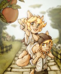 Rule 34 | absurdres, animal, apple, blonde hair, blurry, blurry background, carrying, child, clothed animal, cyberconnect2, dog, food, fruit, furry, hat, highres, little tail bronx, malt marzipan, mei marzipan, open mouth, oversized clothes, piggyback, pointing, senjou no fuuga, sheep, shirt, smile, vadamecox, yellow eyes
