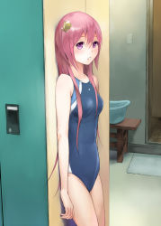Rule 34 | 1girl, against wall, aoten, bare shoulders, blush, competition swimsuit, hair ornament, locker, locker room, long hair, looking at viewer, one-piece swimsuit, pink hair, purple eyes, solo, standing, swimsuit