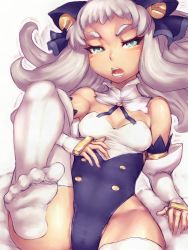 Rule 34 | 1girl, annoyed, aqua eyes, bare shoulders, bell, big hair, bow, cameltoe, chaos code, cthylla (chaos code), eyebrows, feet, fumio (rsqkr), hair bow, hikimayu, hip focus, long hair, lying, on back, silver hair, solo, thighhighs, white thighhighs, wide hips
