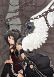 Rule 34 | angel wings, black theme, blush, brown hair, chain, mikazukimo, ponytail, smile, solo, sword, weapon, wings