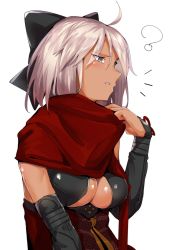Rule 34 | 1girl, ?, ahoge, arm guards, black bow, bow, breasts, cleavage, cleavage cutout, clothing cutout, commentary request, dark-skinned female, dark skin, eyes visible through hair, fate/grand order, fate (series), female focus, grey eyes, hair between eyes, hair bow, highres, koha-ace, large breasts, majin saber, okita souji (fate), okita souji (koha-ace), okita souji alter (fate), okita souji alter (first ascension) (fate), pulled by self, red scarf, scarf, short hair, silver hair, simple background, solo, tagme, uno ryoku, white background