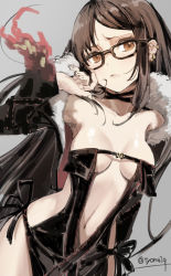 Rule 34 | 1girl, artist name, bare shoulders, black-framed eyewear, breasts, brown eyes, brown hair, choker, yu mei-ren (fate), cowboy shot, earrings, fate/grand order, fate (series), fur trim, glasses, grey background, hand up, jewelry, long hair, multiple earrings, navel, revealing clothes, ribbon-trimmed clothes, ribbon trim, sidelocks, simple background, small breasts, solo, tyone