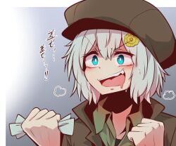 Rule 34 | 1girl, text background, blue eyes, border, brown headwear, brown jacket, clenched hands, grey background, hair between eyes, hair ornament, hairclip, holding, holding paper, jacket, looking at viewer, open clothes, open jacket, paper, saliva, seiun sky (umamusume), short hair, solo, teeth, translation request, umamusume, upper teeth only, white border, yonedatomo mizu