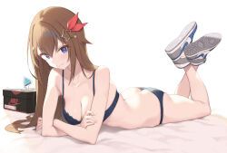 Rule 34 | 1girl, absurdres, ass, bare shoulders, blue eyes, blush, bra, breasts, brown hair, butt crack, cleavage, cloba, collarbone, commentary, crossed legs, feet up, full body, hair ornament, hair ribbon, hairclip, highres, hololive, legs, long hair, looking at viewer, lying, medium breasts, nike (company), on stomach, panties, product placement, red ribbon, ribbon, shoes, smile, solo, star (symbol), star hair ornament, symbol-only commentary, thighs, tokino sora, underwear, virtual youtuber