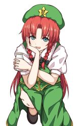 Rule 34 | 1girl, black footwear, bottle, bow, braid, closed mouth, commentary request, cookie (touhou), foot out of frame, green bow, green eyes, green headwear, green skirt, green vest, hair bow, hand on own cheek, hand on own face, hat ornament, holding, holding bottle, hong meiling, long hair, looking at viewer, milk, milk bottle, nb mgnorkr, parted bangs, red hair, shirt, shoes, simple background, skirt, skirt set, smile, solo, star (symbol), star hat ornament, tongue, tongue out, touhou, transparent background, twin braids, vest, white shirt, yune (cookie)