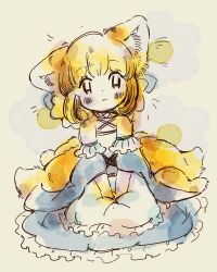 Rule 34 | 1girl, animal ears, arknights, bare shoulders, blonde hair, blue dress, blush, closed mouth, clothing cutout, commentary request, dress, fox ears, fox girl, fox tail, frilled dress, frills, highres, infection monitor (arknights), kitsune, kyuubi, looking at viewer, momomomowan, multiple tails, short hair, shoulder cutout, solo, suzuran (arknights), tail