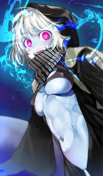 Rule 34 | 10s, 1girl, abs, abyssal ship, backpack, bag, bikini, bikini top only, black bikini, blue background, breasts, glowing, glowing eyes, highres, hood, hoodie, kantai collection, long sleeves, looking at viewer, navel, nishiide kengorou, o-ring, o-ring top, open mouth, pale skin, purple eyes, re-class battleship, scarf, short hair, silver hair, smile, solo, swimsuit, tail, toned, underboob, underwater, upper body