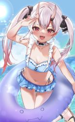 Rule 34 | 1girl, bikini, black bow, blue bikini, blue sky, blush, bow, breasts, cleavage, collarbone, commentary request, day, detached collar, earrings, fang, frilled bikini, frills, hair bow, hair ornament, hand up, heart, heart print, highres, hololive, horns, innertube, jewelry, long hair, looking at viewer, multicolored hair, nakiri ayame, nakiri ayame (hololive summer 2019), navel, ocean, oni, open mouth, outdoors, print bikini, red eyes, red hair, shiro hebi rei, silver hair, skin-covered horns, sky, small breasts, smile, solo, streaked hair, swim ring, swimsuit, teeth, upper teeth only, virtual youtuber