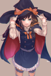Rule 34 | 1girl, adapted costume, animal ears, asashio (kancolle), asashio kai ni (kancolle), belt, black cape, black dress, black hair, black hat, blue eyes, cape, cat ears, commentary request, cowboy shot, dress, fang, fuwafuwatoufu, gloves, grey background, halloween, hat, highres, kantai collection, long hair, long sleeves, looking at viewer, pantyhose, pinafore dress, shirt, simple background, sleeveless, sleeveless dress, solo, standing, striped clothes, striped legwear, striped pantyhose, white gloves, white shirt, witch hat