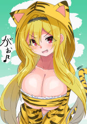 Rule 34 | 1girl, animal hood, bandeau, black hairband, blonde hair, blush, breasts, cleavage, commentary, cowboy shot, eighth note, fang, hair iron, hair over shoulder, hairband, highres, hood, hood up, hoodie, idolmaster, idolmaster cinderella girls, kurosaki chitose, large breasts, long hair, long sleeves, looking at viewer, motion lines, musical note, open mouth, partially unzipped, print bandeau, red eyes, smile, standing, tail, tiger hood, tiger tail, translated, v arms, yellow bandeau, yellow hoodie, yuuichi (reductionblack)