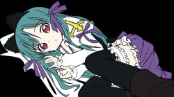 Rule 34 | 00s, 1girl, black background, black thighhighs, bridal garter, frills, full body, green hair, hayama kotono, ixy, looking at viewer, pleated skirt, purple skirt, red eyes, saint october, simple background, skirt, solo, thighhighs, zettai ryouiki
