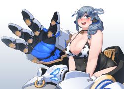 Rule 34 | 1girl, absurdres, animal ears, animal print, arm support, bell, blush, breasts, choker, cleavage, commentary request, cow print, eyes visible through hair, gradient background, grey eyes, grey hair, highres, horns, looking at viewer, looking to the side, mecha, neck bell, open mouth, original, robot, simple background, solo, tajyador, teeth, thick arms, thick eyebrows, upper teeth only