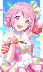 Rule 34 | 1girl, :d, absurdres, bead bracelet, beads, blush, bow, bracelet, detached sleeves, dot nose, dress, hair bow, hand up, head tilt, highres, idol, jewelry, light particles, looking at viewer, medium hair, ootori emu, open mouth, pink dress, pink eyes, pink hair, project sekai, puffy detached sleeves, puffy short sleeves, puffy sleeves, resolution mismatch, sekina, short sleeves, smile, solo, source smaller, yellow bow
