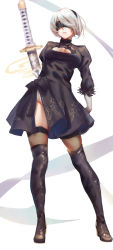 Rule 34 | 1girl, absurdres, bad id, bad pixiv id, black blindfold, black dress, black hairband, blindfold, boots, cleavage cutout, clothing cutout, covered eyes, csyday, dress, feather-trimmed sleeves, hairband, high heels, highres, juliet sleeves, long sleeves, mole, mole under mouth, nier (series), nier:automata, puffy sleeves, solo, thigh boots, thighhighs, thighhighs under boots, virtuous contract, 2b (nier:automata)
