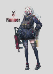 Rule 34 | 1girl, ammunition pouch, asymmetrical legwear, b&amp;t apc, b&amp;t apc45, black pantyhose, blue jacket, brown eyes, brown gloves, commentary request, earpiece, echj, eyebrows hidden by hair, finger on trigger, full body, fur-trimmed jacket, fur trim, gloves, grey background, grey footwear, gun, hair between eyes, hair ornament, hairclip, hand on own hip, highres, holding, holding gun, holding weapon, jacket, long sleeves, looking at viewer, multicolored hair, original, pantyhose, pouch, red hair, respirator, shoes, short hair, silver hair, simple background, single leg pantyhose, single thighhigh, solo, standing, streaked hair, thigh pouch, thighhighs, uneven legwear, weapon