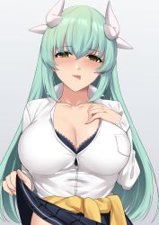 Rule 34 | 1girl, alternate costume, aqua hair, black bra, black skirt, blush, bra, bra slip, breasts, clothes around waist, clothes lift, collarbone, dragon girl, dragon horns, fate/grand order, fate (series), hand on own chest, horns, kauru00, kiyohime (fate), large breasts, long hair, multiple horns, pleated skirt, shirt, skirt, skirt lift, solo, sweater, sweater around waist, tongue, tongue out, underwear, white shirt, yellow eyes, yellow sweater