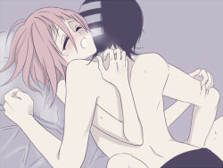 Rule 34 | 00s, androgynous, back, bed, bed sheet, black hair, blush, crona (soul eater), death the kid, closed eyes, gender request, hair between eyes, holding, moaning, multicolored hair, nude, on bed, open mouth, pillow, pink hair, sex, topless male, short hair, soul eater, sweat, tears, topless, two-tone hair, white hair