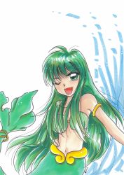 Rule 34 | 00s, 1girl, ;d, armlet, bikini, bikini top only, green eyes, green hair, hand on own hip, highres, jewelry, long hair, maachu, matching hair/eyes, mermaid, mermaid melody pichi pichi pitch, midriff, monster girl, one eye closed, open mouth, pendant, shell, smile, solo, swimsuit, touin rina, traditional media, white background, wink
