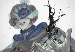 Rule 34 | 1boy, black clover, capelet, chlorokinesis, feathers, fur-trimmed capelet, fur-trimmed collar, fur trim, looking at object, male focus, mask, open mouth, outstretched hand, purple eyes, simple background, smile, solo, tdgypm, tree, white background, william vangeance, yellow capelet