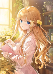 Rule 34 | 1girl, blonde hair, blue eyes, blush, book, bottle, breasts, character request, cleavage, copyright request, flower, from side, hair flower, hair ornament, highres, holding, holding book, indoors, kimishima ao, large breasts, light smile, long hair, long sleeves, looking at viewer, open book, plant, potted plant, solo, standing, upper body, window