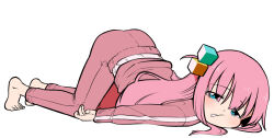 Rule 34 | 1girl, ass, barefoot, blue eyes, bocchi the rock!, full body, gotoh hitori, jacket, long hair, looking at viewer, ononaka akihiro, pants, pink hair, pink jacket, pink pants, saliva, simple background, solo, top-down bottom-up, very long hair, white background