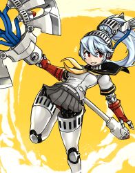 Rule 34 | 1girl, absurdres, axe, blue hair, cropped legs, highres, holding, holding axe, holding weapon, joints, labrys (persona), looking to the side, persona, persona 4, persona 4: the ultimate in mayonaka arena, pleated skirt, polearm, ponytail, red eyes, robot girl, robot joints, school uniform, skirt, smile, solo, weapon, yellow background, zanamaoria