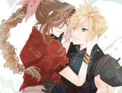 Rule 34 | 1boy, 1girl, absurdres, aerith gainsborough, armor, bangle, black gloves, blonde hair, blue eyes, blue shirt, bracelet, braid, braided ponytail, brown hair, cloud strife, couple, cropped jacket, dress, final fantasy, final fantasy vii, final fantasy vii rebirth, final fantasy vii remake, gloves, green eyes, hair between eyes, hair ribbon, hand in another&#039;s hair, hand on another&#039;s cheek, hand on another&#039;s face, hand on another&#039;s waist, hetero, highres, jacket, jewelry, long hair, nitijoy2, parted bangs, pink dress, pink ribbon, puffy short sleeves, puffy sleeves, red jacket, ribbon, shirt, short hair, short sleeves, shoulder armor, sidelocks, single bare shoulder, single braid, single shoulder pad, sleeveless, sleeveless turtleneck, smile, spiked hair, suspenders, turtleneck, upper body