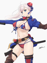 Rule 34 | american flag bikini, american flag legwear, american flag print, asymmetrical footwear, asymmetrical gloves, asymmetrical hair, belt, belt skirt, bikini, blue eyes, boots, breasts, bun cover, choker, cleavage, cross-laced clothes, cross-laced legwear, elbow gloves, fate/grand order, fate (series), fingerless gloves, flag print, gloves, gunblade, hair bun, hair ribbon, half-skirt, highres, large breasts, long hair, miyamoto musashi (fate), miyamoto musashi (fate/grand order), miyamoto musashi (swimsuit berserker) (fate), miyamoto musashi (swimsuit berserker) (second ascension) (fate), navel, odachu, pink hair, print bikini, print swimsuit, ribbon, shrug (clothing), single elbow glove, single hair bun, single hair intake, single side bun, single sidelock, single thigh boot, single thighhigh, swept bangs, swimsuit, thigh boots, thigh strap, thighhighs, underboob, uneven footwear, uneven gloves, weapon