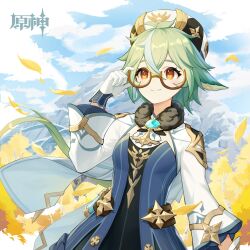 Rule 34 | 1girl, absurdres, adjusting eyewear, blue dress, blue sky, cloud, commentary request, copyright name, day, dress, genshin impact, glasses, gloves, green hair, hand up, hat, highres, long sleeves, official art, shrug (clothing), sky, solo, sucrose (genshin impact), upper body, white gloves, yellow eyes
