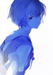 Rule 34 | 1girl, arms behind back, ayanami rei, blouse, blue hair, blue theme, chi4, closed mouth, facing away, facing to the side, hair between eyes, highres, looking at viewer, looking back, looking to the side, neck ribbon, neon genesis evangelion, red ribbon, ribbon, school uniform, shirt, short hair, short sleeves, skirt, solo, suspender skirt, suspenders, tokyo-3 middle school uniform, upper body, white background