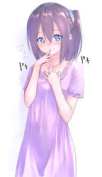 Rule 34 | 1girl, black hair, blue eyes, blue scrunchie, blush, collarbone, cowboy shot, finger to mouth, flying sweatdrops, hair between eyes, hair ornament, hair scrunchie, hand on own chest, heartbeat, highres, kyoo-kyon (kyo-kyon), long hair, looking at viewer, nightgown, nose blush, original, scrunchie, side ponytail, solo, suzunari shizuku, translated, two-tone background, yuki arare
