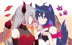 Rule 34 | 2girls, :&lt;, absurdres, ahoge, alternate costume, alternate universe, animal ears, armband, bare shoulders, blue hair, breasts, bronya rand, closed mouth, colored inner hair, commentary, demon girl, demon horns, detached sleeves, drill hair, earrings, english commentary, grey eyes, grey hair, hair between eyes, hand on another&#039;s chin, heart, highres, honkai: star rail, honkai (series), horns, jewelry, leash, looking at another, multicolored hair, multiple girls, red armband, red horns, seele (honkai: star rail), small breasts, smile, sunny day 9797, tail, wolf ears, wolf girl, wolf tail, yuri