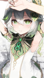 Rule 34 | 1girl, absurdres, armpits, arms up, bad id, bad pixiv id, bare shoulders, blush, closed mouth, commentary request, dress, gem, genshin impact, gradient hair, green eyes, green gemstone, green hair, grey hair, hair between eyes, hair ornament, highres, long hair, looking at viewer, multicolored hair, nahida (genshin impact), pointy ears, shadow, sidelocks, sleeveless, sleeveless dress, solo, symbol-shaped pupils, two-tone hair, white dress, yonchan