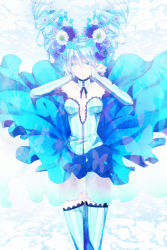 Rule 34 | 1girl, bad id, bad pixiv id, blue eyes, blue hair, breasts, collar, elbow gloves, female focus, floating hair, flower, gloves, gradient background, hair flower, hair ornament, hatsune miku, honyarara, matching hair/eyes, skirt, solo, striped clothes, striped thighhighs, thighhighs, twintails, vertical-striped clothes, vertical-striped thighhighs, vocaloid, white background