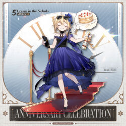 Rule 34 | 1girl, ahoge, anniversary, black footwear, blonde hair, blue dress, blue hat, blue nails, bottle, breasts, cake, character name, choker, closed eyes, collarbone, commentary, copyright name, dress, earrings, english commentary, eyewear on head, flower, food, full body, girls&#039; frontline, hair between eyes, hair flower, hair ornament, hat, high heels, holding, holding bottle, jewelry, kinoshita neko, mini hat, nagant revolver (cream in the nebula) (girls&#039; frontline), nagant revolver (girls&#039; frontline), nail polish, official alternate costume, official art, promotional art, red carpet, ribbon, roman numeral, short hair, small breasts, smile, solo, sparkle, star (symbol), sunglasses, thought bubble, yellow ribbon