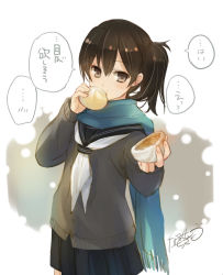 Rule 34 | 10s, 1girl, baozi, brown eyes, brown hair, casual, eating, food, kaga (kancolle), kantai collection, naruse chisato, neckerchief, pleated skirt, scarf, sharing food, side ponytail, skirt, solo, white background