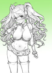 Rule 34 | 1girl, bandage on face, bandages, blush, bra, bra pull, breasts, breasts out, choker, closed mouth, clothes pull, collarbone, detached sleeves, frilled choker, frills, gradient background, granblue fantasy, green background, greyscale, greyscale with colored background, hair ribbon, inverted nipples, large breasts, lingerie, long hair, looking at viewer, microskirt, monika weisswind, monochrome, mushi024, navel, nipples, ribbon, shelf bra, skirt, solo, sweat, swept bangs, thighhighs, thighs, twintails, underwear