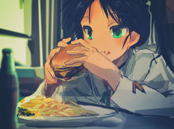 Rule 34 | 1girl, absurdres, arm support, black hair, bottle, burger, chewing, eating, food, food on face, francesca lucchini, french fries, hair ribbon, highres, indoors, kabuyama kaigi, long hair, neck ribbon, parsley, parted bangs, plate, ribbon, sitting, sketch, solo, strike witches, table, twintails, uniform, window, world witches series