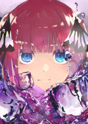 Rule 34 | 1girl, absurdres, ayauchi, black ribbon, blue eyes, blunt bangs, blush, bubble, butterfly hair ornament, closed mouth, eyebrows hidden by hair, go-toubun no hanayome, hair ornament, highres, ice, ice cube, looking at viewer, nakano nino, pink hair, pink scarf, purple background, raised eyebrows, ribbon, scarf, simple background, twintails
